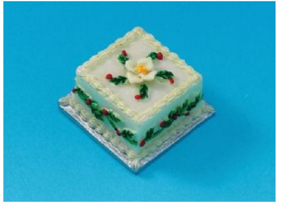 Miniature Christmas Cake, Dollhouse Holiday Cake, Miniature White Cake with Red and Green Frosting