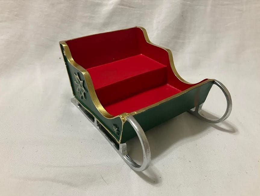 Green and Red Sleigh, 5.5" Holiday Sleigh for Christmas Village or Diorama