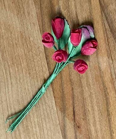 Miniature Artificial Red Rose Stems. 6 Single Stem Red Flowers, Dollhouse Flowers with 4