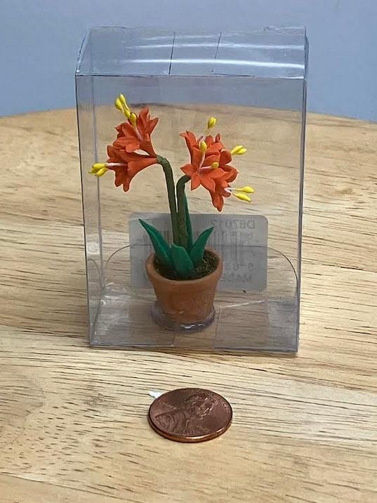 Miniature Artificial Orange Lilies in a Pot, Dollhouse Orange Flowers