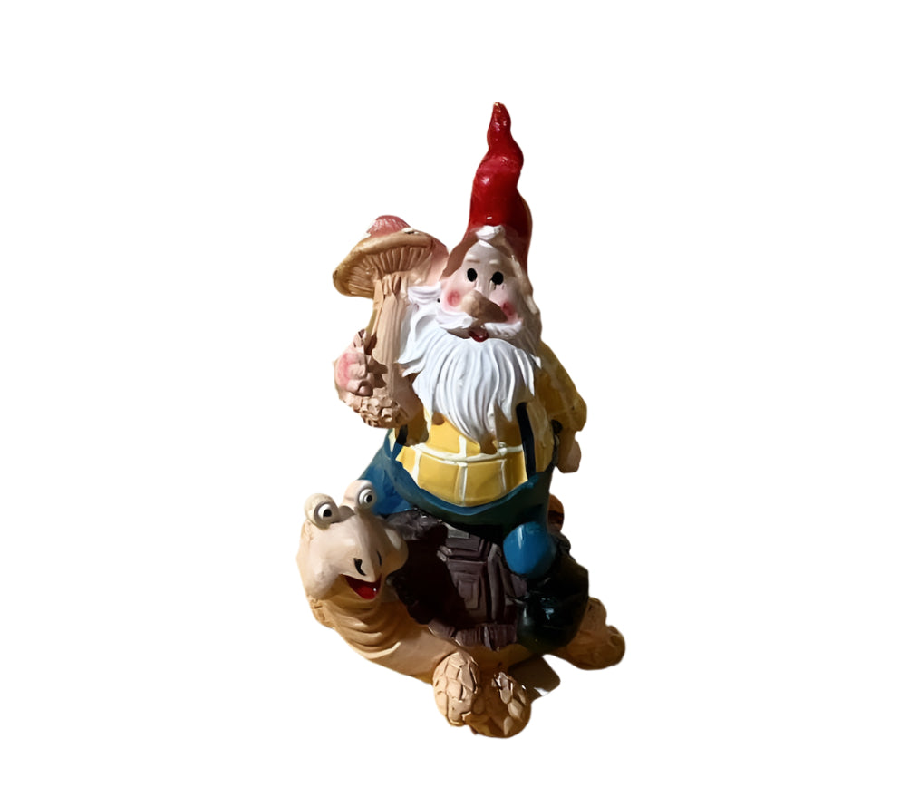 Miniature Gnome Riding on a Turtle, Fairy Garden Gnome, 3.5"
