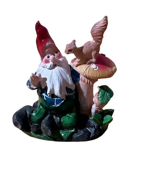 Miniature Gnome Sitting with a Squirrel on a Mushroom, Fairy Garden Gnome, 3.5