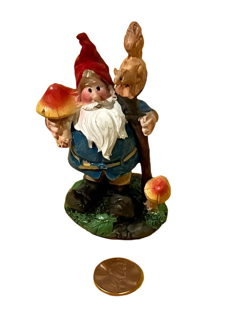 Miniature Gnome Standing with a Squirrel on a Stick, Fairy Garden Gnome, 3.5