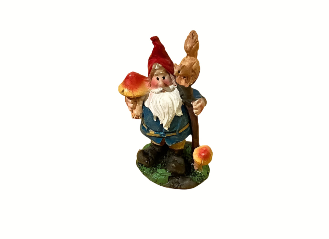 Miniature Gnome Standing with a Squirrel on a Stick, Fairy Garden Gnome, 3.5"