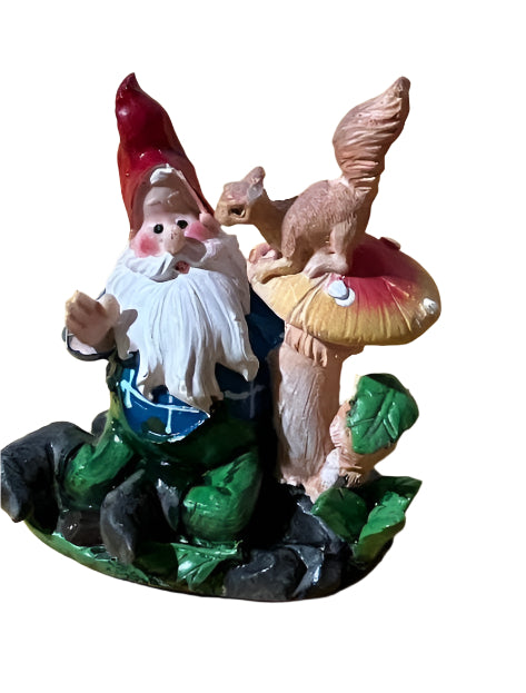 Miniature Gnome Sitting with a Squirrel on a Mushroom, Fairy Garden Gnome, 3.5