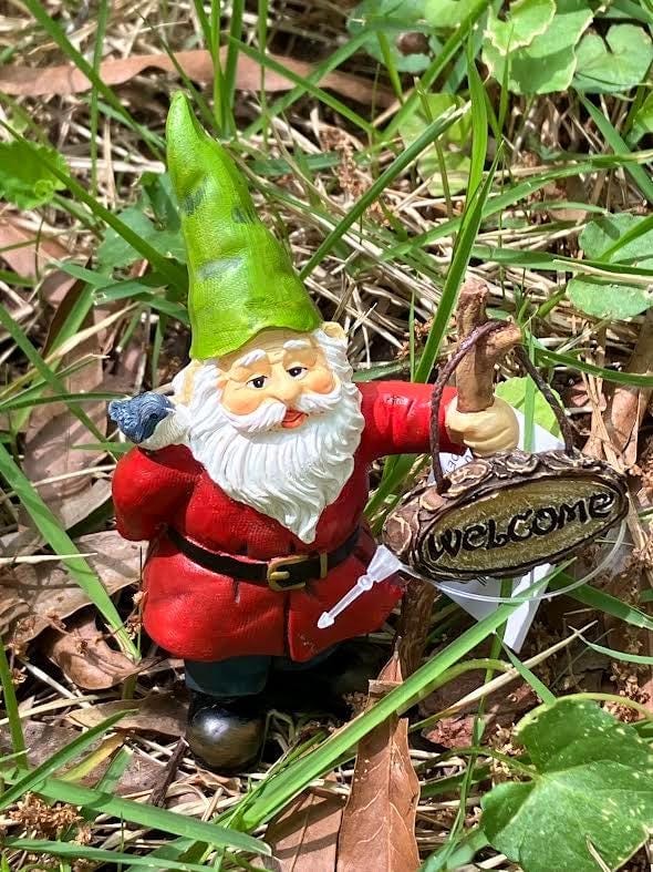 Fairy Garden Gnome with a Welcome Sign, 4" Friendly Welcoming Gnome