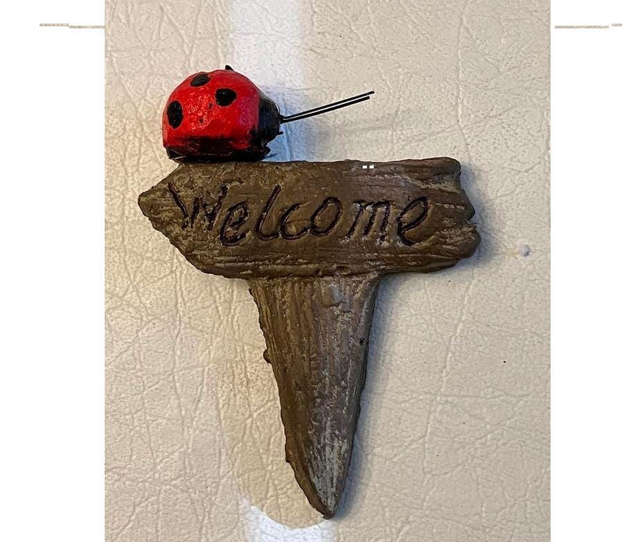 Miniature Garden Welcome Sign with a Red Ladybug, Brown Fairy Garden Sign, Ladybug Welcome