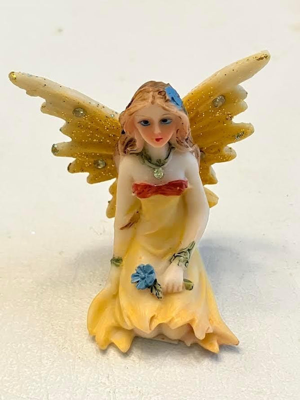 Set of 4 Sitting Shimmery Fairies Holding a Flower, Fairy Cake Topper, Gift for Fairy Collector