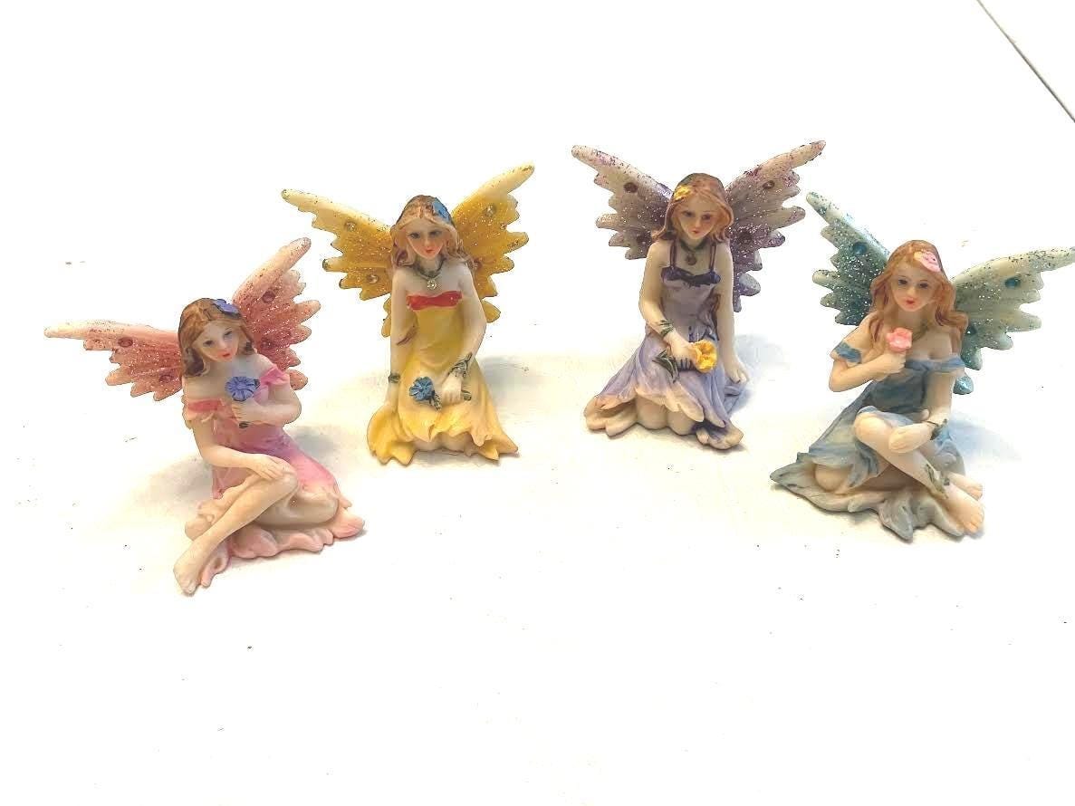 Set of 4 Sitting Shimmery Fairies Holding a Flower, Fairy Cake Topper, Gift for Fairy Collector
