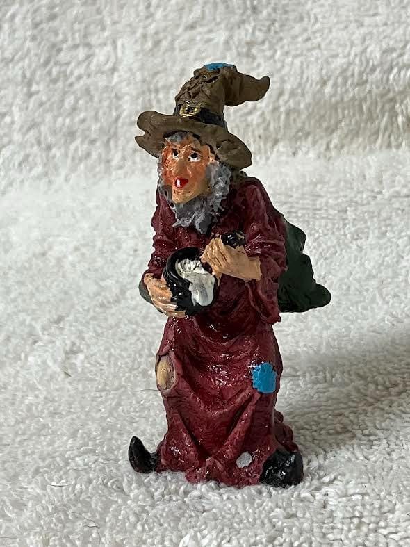 Miniature Halloween Witch Figurine Stirring a Cauldron