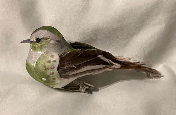 Miniature Artificial Green White & Brown Bird on a Clip