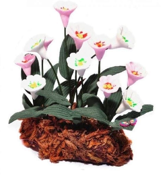 Miniature Bed of Artificial Pink and White Flowers