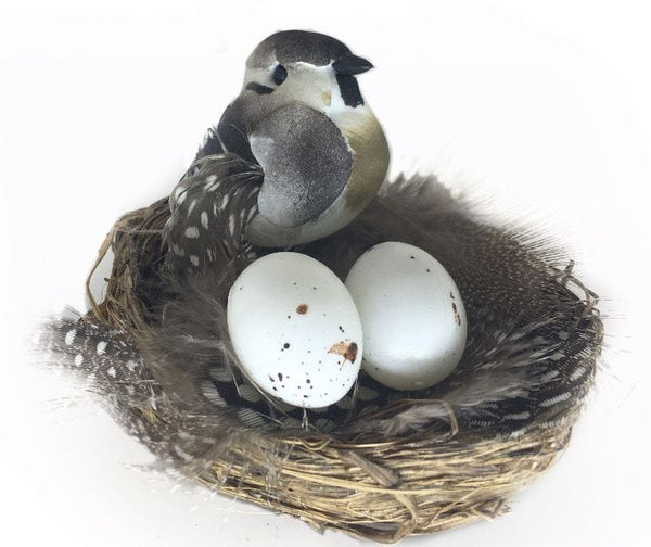 Artificial Nest with Guinea Bird, 2 Eggs and Feathers