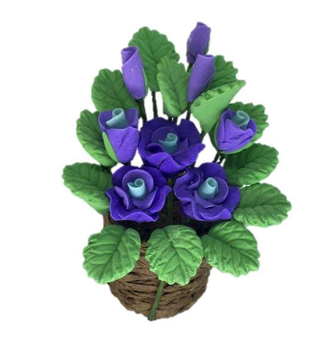 Artificial Dollhouse Plant Basket with Choice of Purple or Yellow Flowers