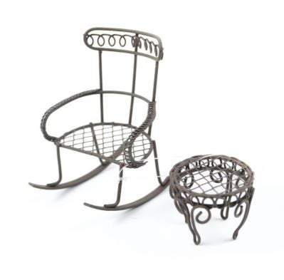Micro Mini Brown Rocking Chair with Table, Rustic Fairy Furniture, Metal Fairy Garden Accessory