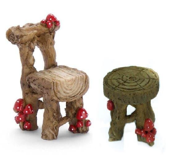 Wood Chair or Stool with Red Mushrooms, Miniature Wood Furniture Choice, Fairy Garden Accessory