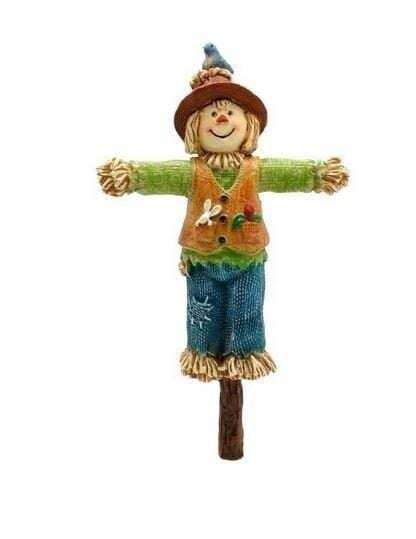Scarecrow with a Bluebird on His Hat, Fall Fairy Garden Scarecrow, Fall Cake Topper