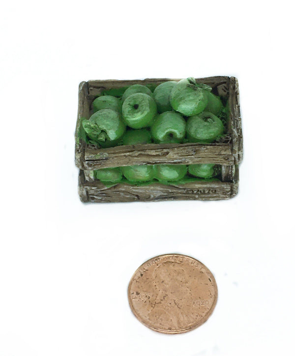 Miniature Apple Crate, Green Apple Basket, Farm Fruit Crate, Dollhouse Apples