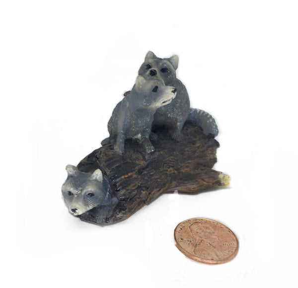 Sitting Raccoon Figurine, Miniature Gray Forest Animal, Raccoons on a Log