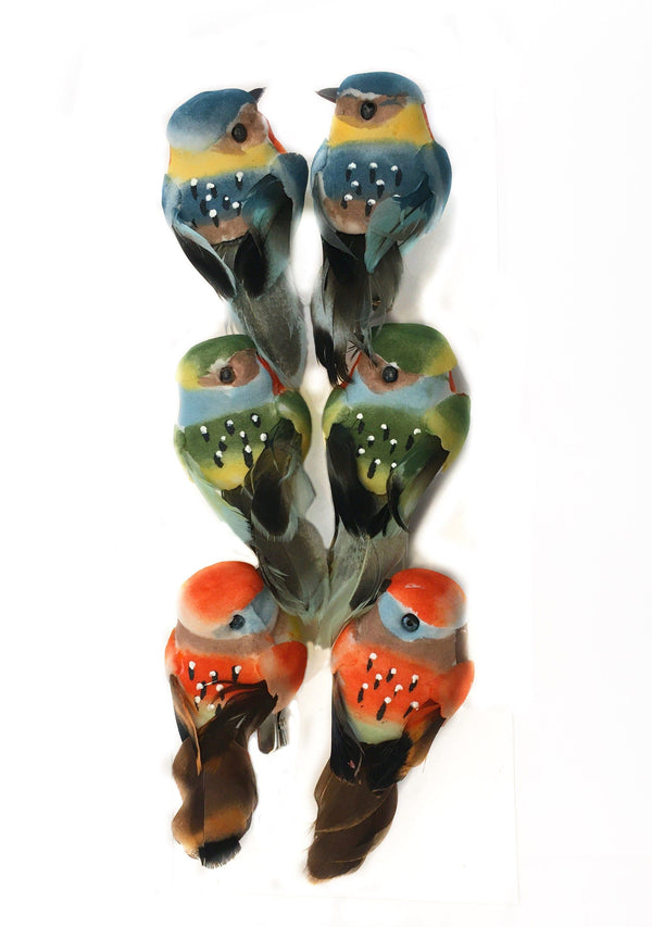 Set of 6 Brightly Colored Artificial  Birds, Blue, Green and Orange Birds on a Clip,  2.75