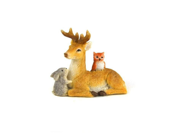 Deer with a Rabbit and Owl, Sitting Deer Figurine, Deer Cake Topper