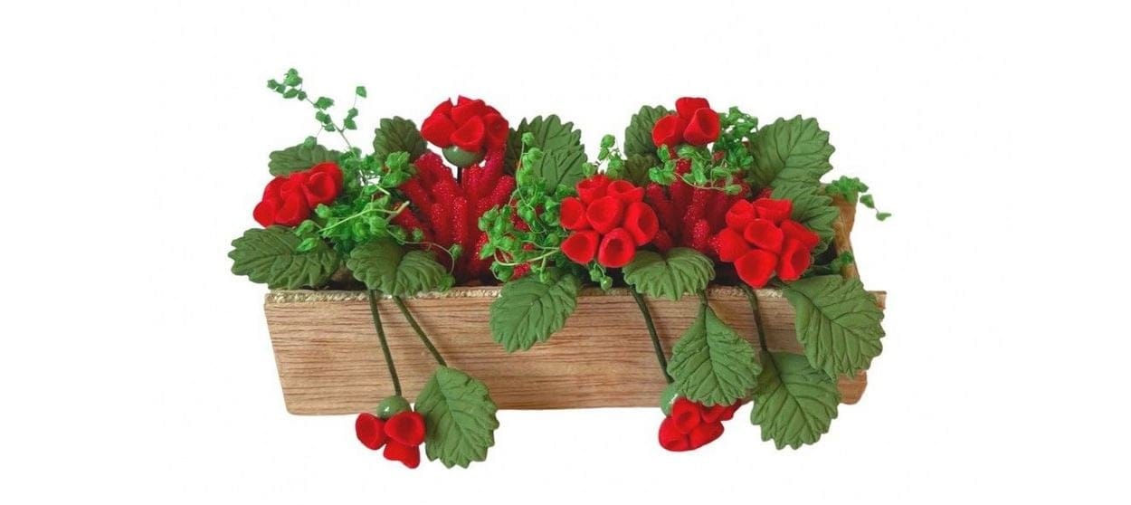 Miniature Window Box with Artificial Red Geraniums for Dollhouse or Fairy Garden