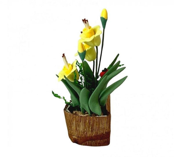 Artificial Miniature Daffodils in a Brown Pot, Yellow Dollhouse Flowers, Fairy Garden Flower Pot