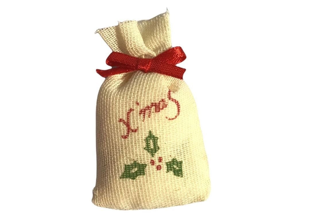 Miniature Christmas Sack, Cream Color Sack with Red Bow Ornament