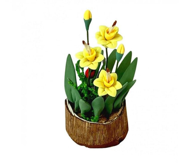 Artificial Miniature Daffodils in a Brown Pot, Yellow Dollhouse Flowers, Fairy Garden Flower Pot