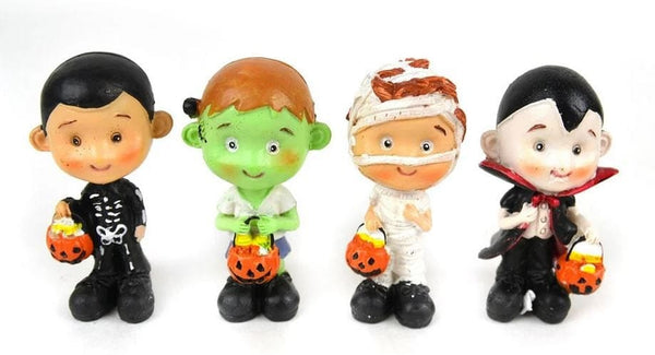 Little Kid Trick or Treaters Figurines, Set of 4 Miniature Halloween Children in Costumes, Halloween Fairy Garden, Fall Cake Topper