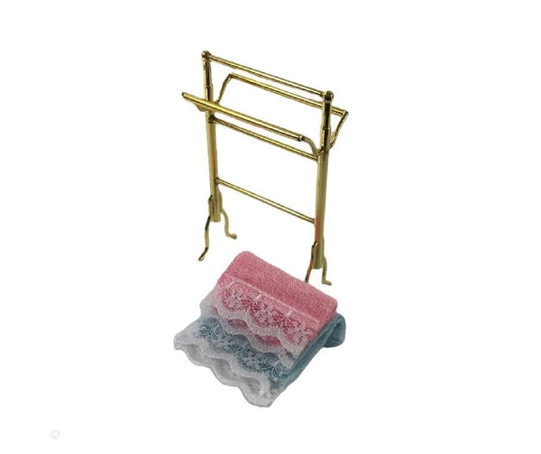 Miniature Towel Rack, Dollhouse Pink and Blue Towels, Bathroom Supply