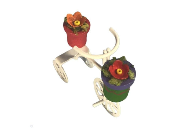 Miniature White Tricycle with Flowers, Dollhouse Bicycle Holding Flower Pots. Shadow Box Tricycle