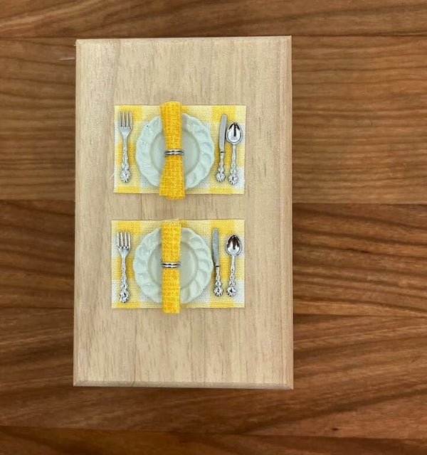 2 Dollhouse Kitchen Table Settings, Yellow Placemats and Napkins with Plates and Cutlery, Miniature Kitchen Table Setting