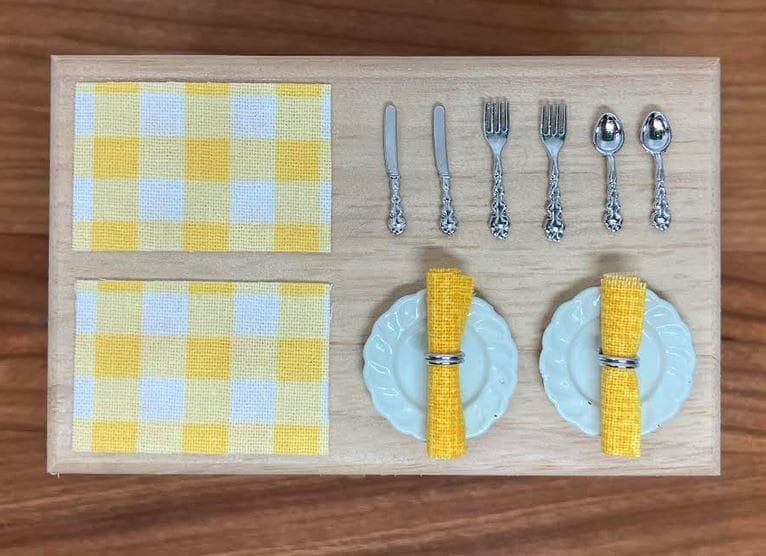 2 Dollhouse Kitchen Table Settings, Yellow Placemats and Napkins with Plates and Cutlery, Miniature Kitchen Table Setting