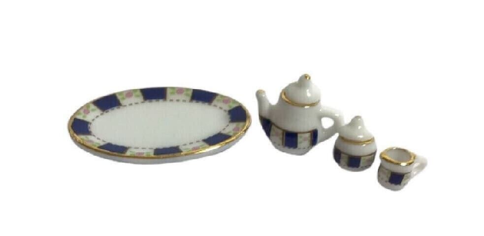 Blue and White Ceramic Dollhouse Miniature Tea Set, Miniature Teapot, Sugar Bowl, Pitcher and Tray