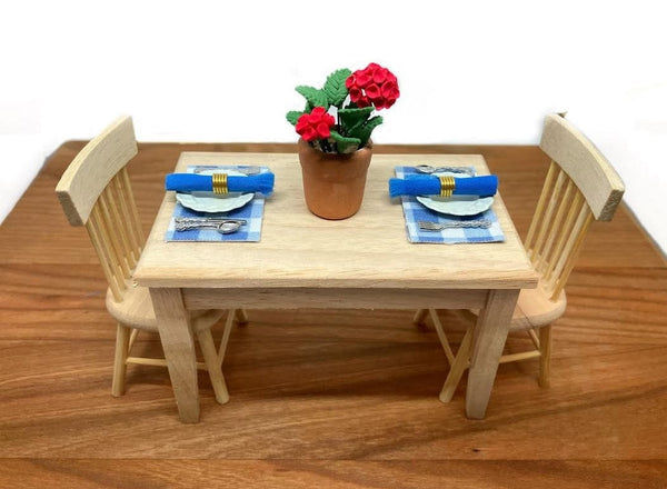 2 Dollhouse Kitchen Table Settings, Blue Placemats and Napkins with Plates and Cutlery for 2, Miniature Kitchen Table Setting