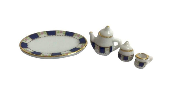 Blue and White Ceramic Dollhouse Miniature Tea Set, Miniature Teapot, Sugar Bowl, Pitcher and Tray