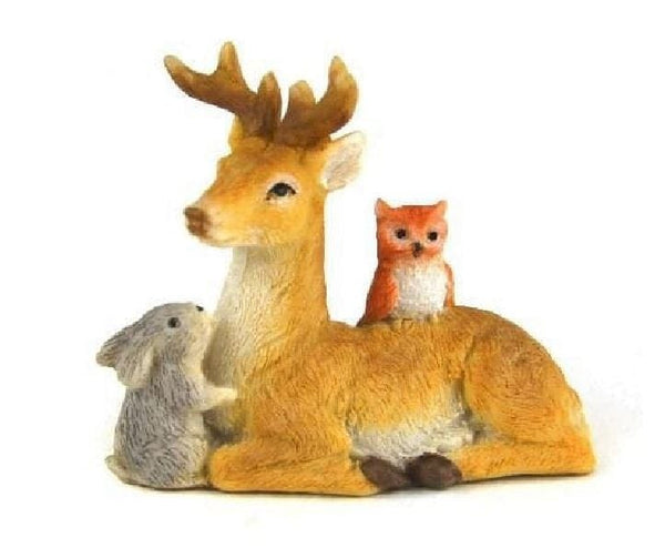 Deer with a Rabbit and Owl, Sitting Deer Figurine, Deer Cake Topper