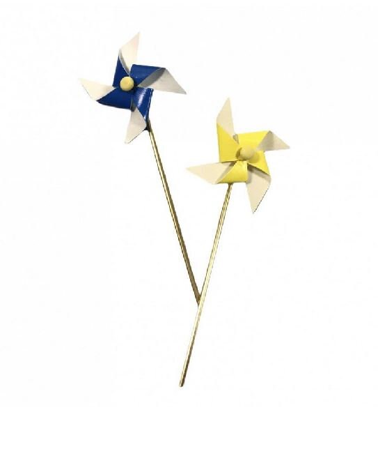 2 Miniature Toy Pinwheels, Dollhouse Yellow and Blue Spinwheels, Toy Cake Topper