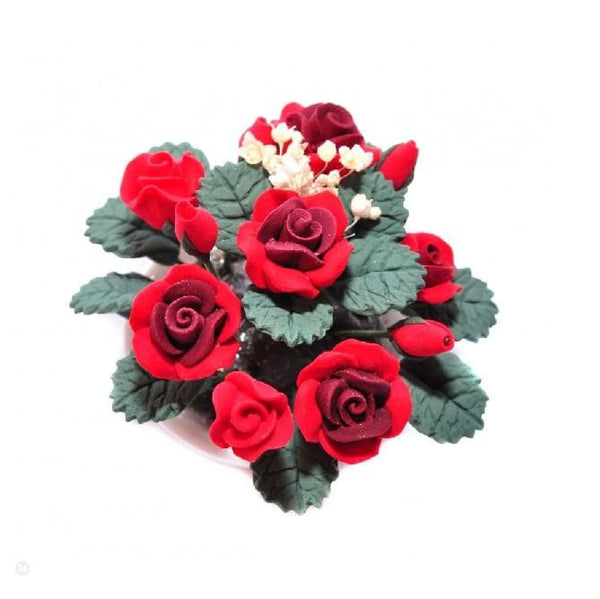 Artificial Red Roses in a Bowl, Miniature Rose Plant, Shadow Box Flowers, Dollhouse Miniature Roses