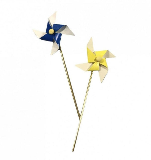 2 Miniature Toy Pinwheels, Dollhouse Yellow and Blue Spinwheels, Toy Cake Topper