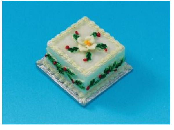 Miniature Christmas Cake, Dollhouse Holiday Cake, Miniature White Cake with Red and Green Frosting