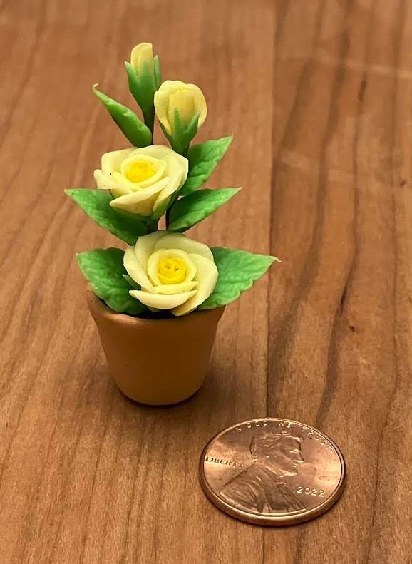 Artificial Yellow Roses, Yellow Flowers in a Pot, Miniature Rose Plant, Dollhouse Roses