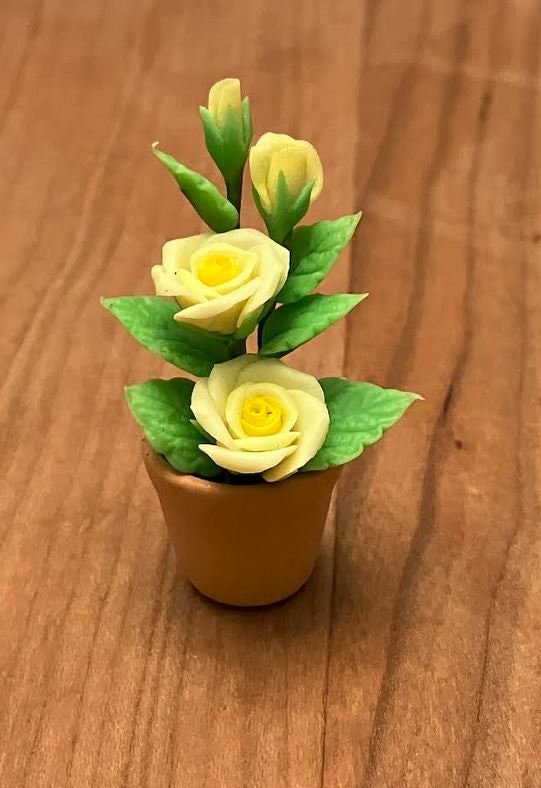 Artificial Yellow Roses, Yellow Flowers in a Pot, Miniature Rose Plant, Dollhouse Roses