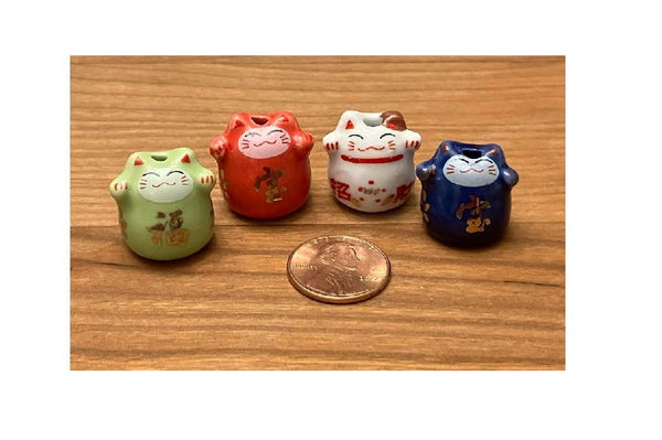 Set of 4 Smiling Dollhouse Cats, Colorful Miniature Lucky Cats, Round Cat Figurines