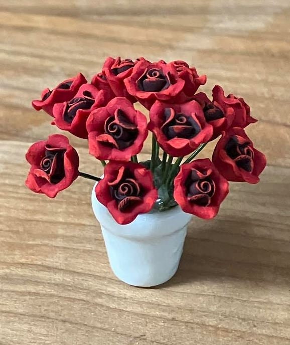 Artificial Red Roses in a White Flower Pot, 15 Red Flowers in a Ceramic Pot