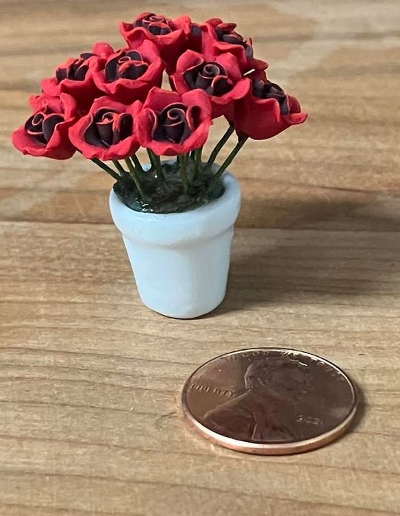 Artificial Red Roses in a White Flower Pot, 15 Red Flowers in a Ceramic Pot