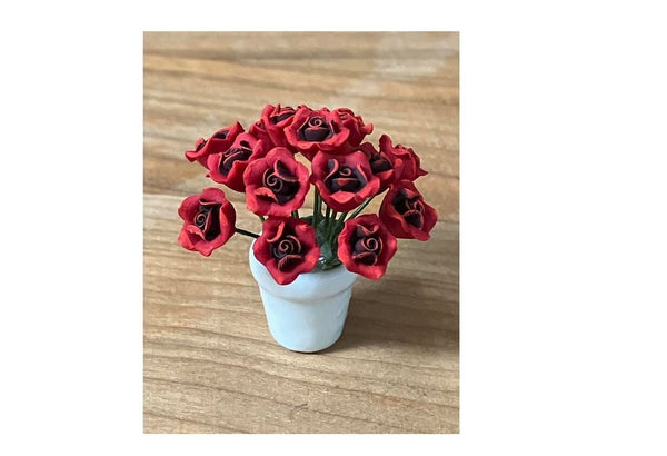 Artificial Red Roses in a White Flower Pot, 15 Red Flowers in a Ceramic Pot