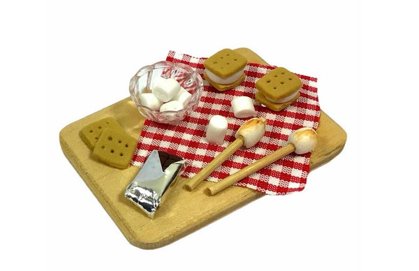 Dollhouse Miniature S'Mores Tray, Miniature Marshmallow and Chocolate Melting Set