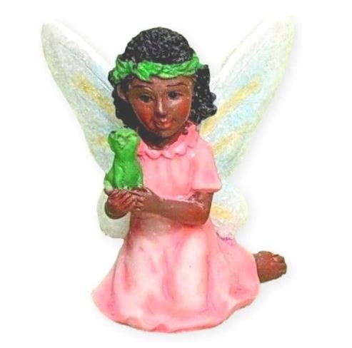 Miniature African American Fairy 'Kaya' in Pink, Fairy with Frog, Garden Fairy of Color